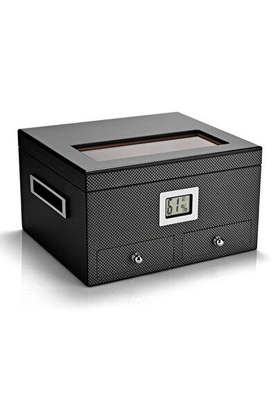 Falconetti Sedir Ağacı Camlı De Folu Karbon Fiber Çekmeceli Humidor Puro Kutu...