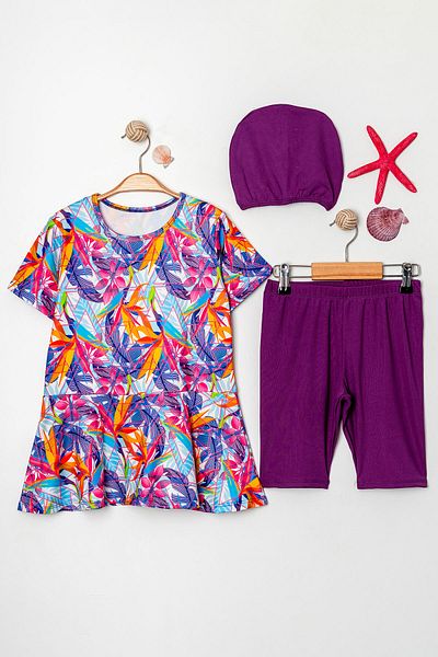 Beniizle Leaf Patterned Flounce Skirt Bonnet Girl's Three Piece Swimsuit