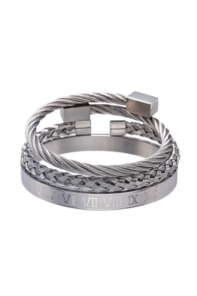 Chavin 3-Piece Knitted Roman Numeral Handcuffs Steel Men's Bracelet Ep44