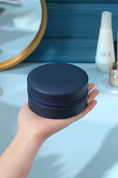 Chavin Navy Blue Leather Travel Ring Earrings - Mirrored Necklace Set St1-69Lc