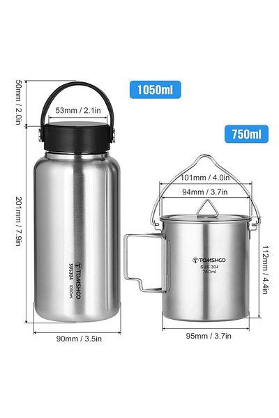 TOMSHOO Bottle w Hanging Pot TOMSHOO 1.05L Stainless Steel Water Bottle Leak Proof Sports Bottle W 750ml Wat