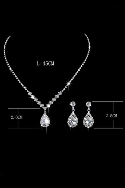 Chavin Düğün Nişan Kına Damla Taşlı Kadın Kolye Küpe Set eg86