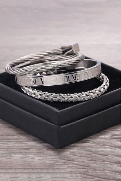 Chavin 3-Piece Knitted Roman Numeral Handcuffs Steel Men's Bracelet Ep44