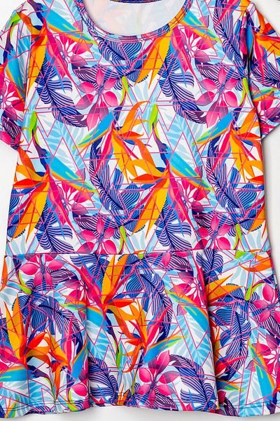Beniizle Leaf Patterned Flounce Skirt Bonnet Girl's Three Piece Swimsuit