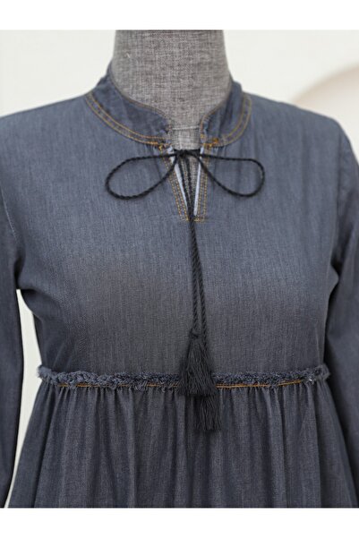 Modamorfo Piece Jeans Dress with Elastic Sleeves -Black