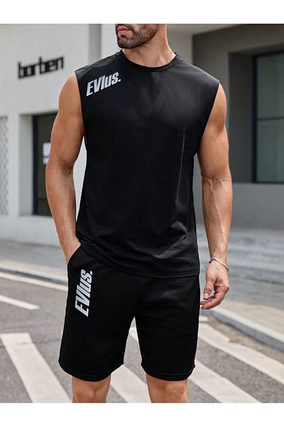 EVIus Set de 2 tricouri și pantaloni scurți pentru sportiv cu sigla supradimensionată