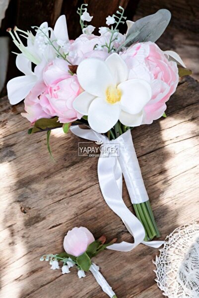 Yapay Çiçek Deposu Pembe Düşler Gelin Buketi 2li Set