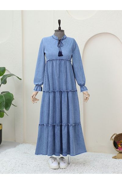 Modamorfo Rochie din denim albastru gheață - ruptă și mâneci elastice