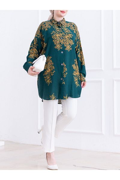 Modamorfo Patterned Buttoned Long Back Viscose Tunic - Emerald