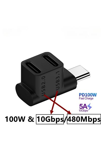 Choice 1 قطعة 2 في 1 180 درجة على شكل حرف U 100 واط USB 3.2 نوع C ذكر إلى أنثى 1 إلى 2 محول OTG 10 جيجابت في الثانية سريع