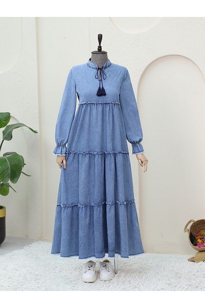 Modamorfo Rochie din denim albastru gheață - ruptă și mâneci elastice