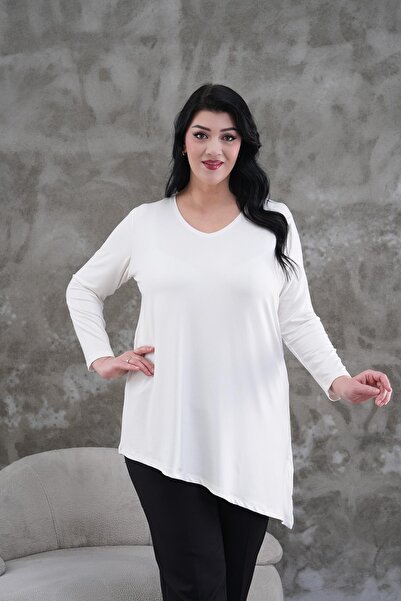 Siyezen Plus Size V-Neck Asymmetry Cutout Oversize Blouse