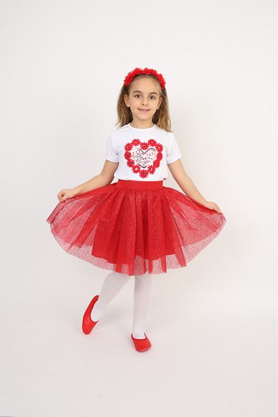Dıgıl Kids Glitter Red Skirt Heart T-Shirt Girl's Top and Bottom Set April 23 Show Clothes