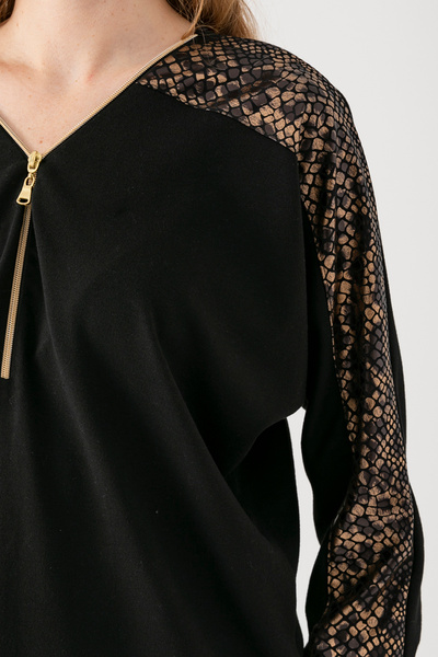 EtkiModa Γυναικεία μαύρα μανίκια λεοπάρ λεπτομέρεια με φερμουάρ γιακά εποχιακή παχύρρευστη μπλούζα