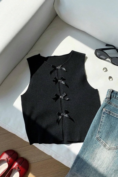 Moibody Women's Bow Detailed Sleeveless Knitwear Crop Cardigan