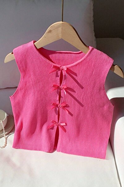 Moibody Women's Bow Detailed Sleeveless Knitwear Crop Cardigan