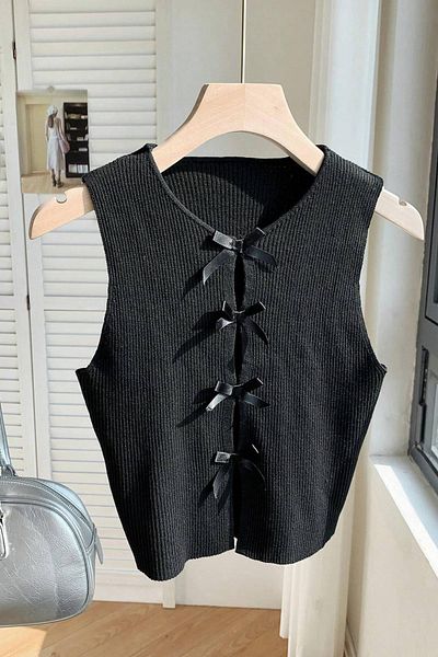 Moibody Women's Bow Detailed Sleeveless Knitwear Crop Cardigan
