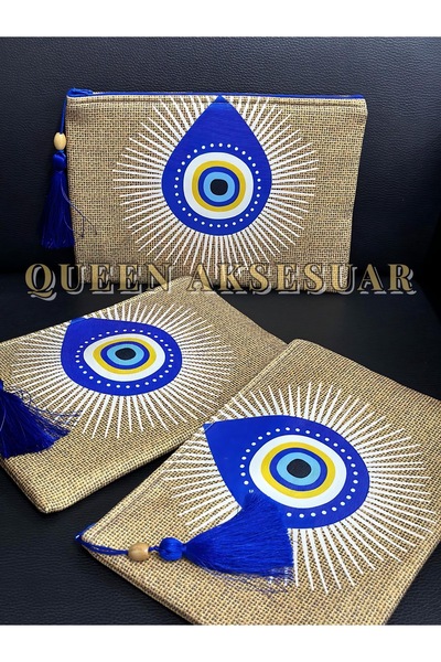 QUEEN AKSESUAR Design Authentic Straw Evil Eye Bead Patterned Tassel Zipper Clutch Hand Invitation Makeup Bag