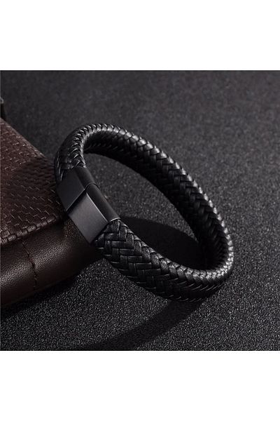 Choice black 21cm Europe and America Retro Men's Leather Open Bangle, Simple Multi-Size Woven Leather Hand