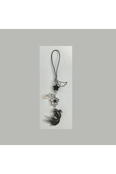 Choice سلسلة مفاتيح K-fish-black مصنوعة يدويًا من خرز ساتوسوغو للهواتف المحمولة Y2K، سلسلة مفاتيح على شكل أجنحة سمكة لطيفة ونجوم