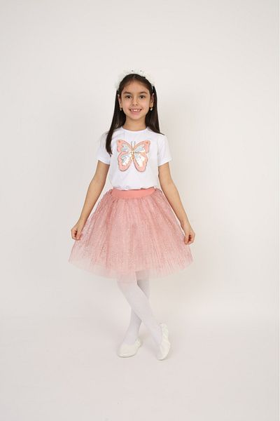Dıgıl Kids Pink Glitter Skirt Butterfly Patterned T-Shirt Girl's Top and Bottom Set April 23 Show Clothes