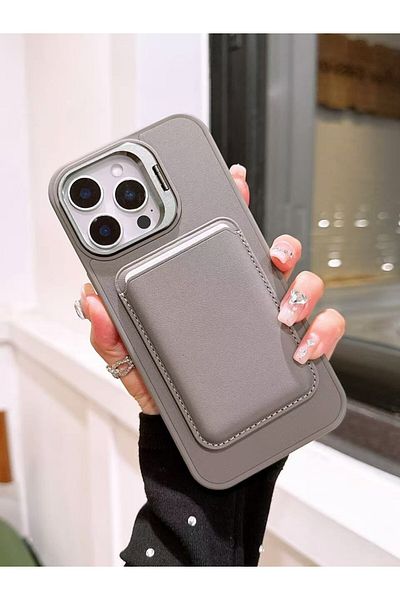 Paladyum Case iPhone 14 Pro Compatible Premium Titanium Gray Leather Magsafe Wallet Card Holder Camera Frame Stand Hair
