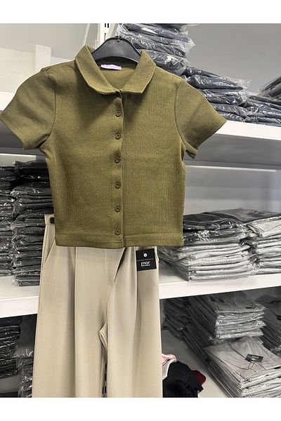 mor butik Cămașă Crop pentru damă - Purple Boutique, Polo Neck Khaki