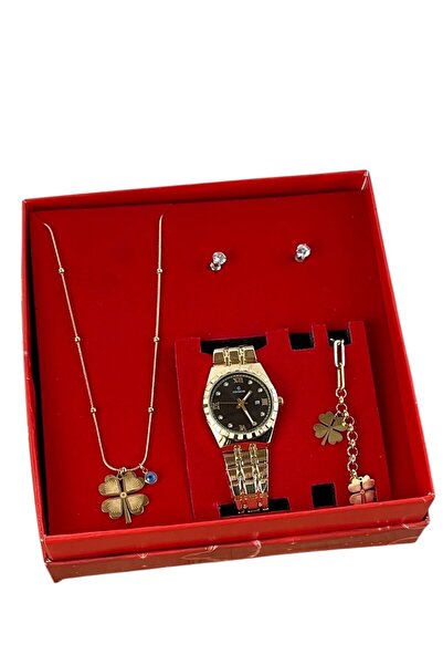 ESNASTORE Gold Kadın Yonca Kolye Bileklik Saat Seti