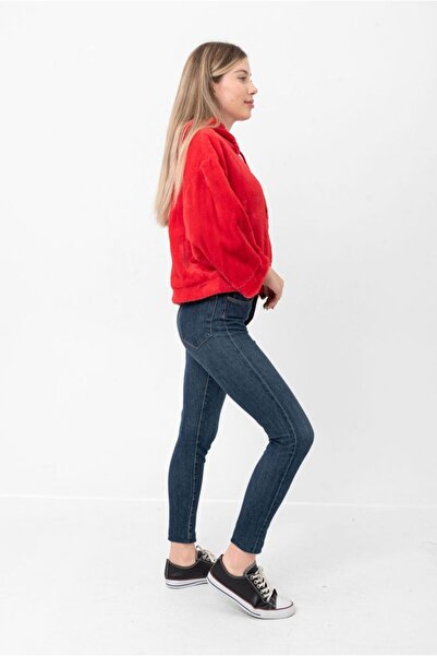 Caddebostan Moda Women's Red Hooded Ring Zipper Satin Ribbon Detailed Soft Textured Plush Crop Coat Jacket