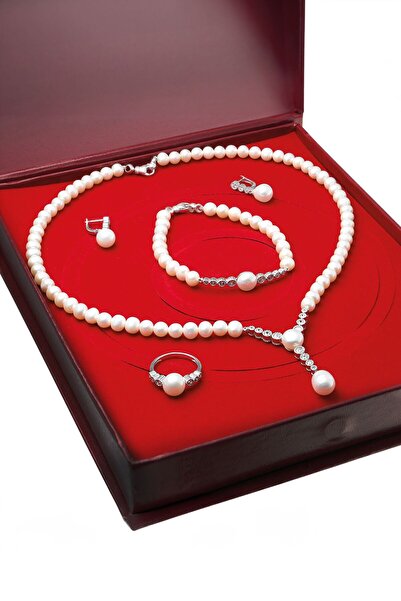 Chavin İnci Gümüş Kolye Küpe Bileklik Yüzük Takım Set ds33