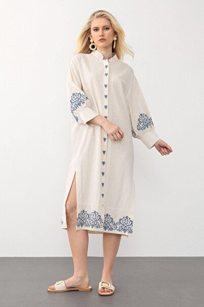 Olcay Linen Look Comfortable Embroidery Dress - Beige 9288-E