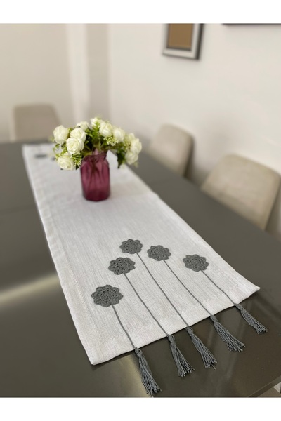 Parla Life Floral Patterned Linen Gray Color Runner