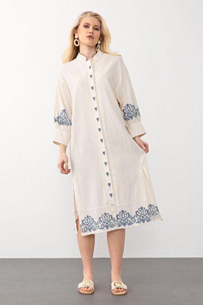 Olcay Linen Look Comfortable Embroidery Dress - Beige 9288-E
