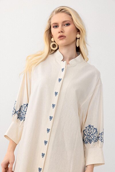 Olcay Linen Look Comfortable Embroidery Dress - Beige 9288-E