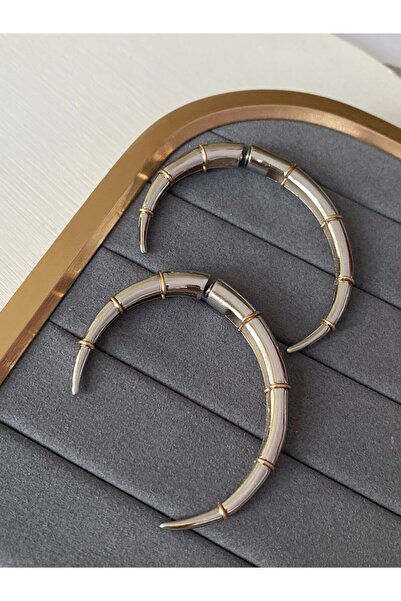 illys Silver Arası Gold İnce Plaka Detay Çift Taraflı Sivri Görünüm Tarz Küpe