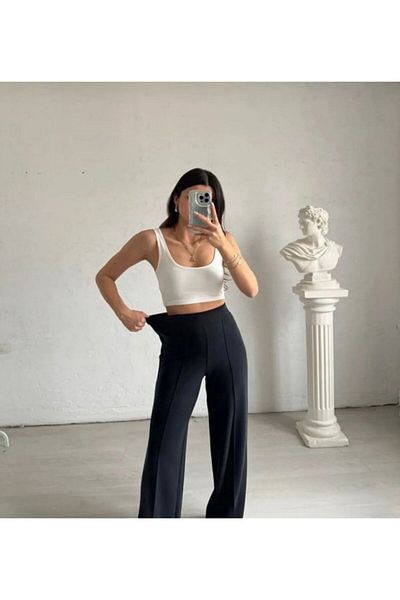 Love Womenx High Waist Recovery Black Modal Grass Trousers - Wide Leg