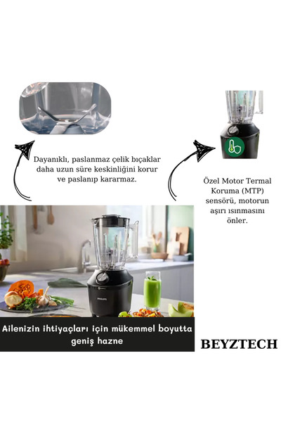Philips ProBlend Sistemi Titreme Önleyici Ayaklar Motor Termal Koruma Sensörü 2 Hız Ayarı + Darbe