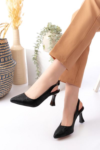 Weynes Sandale cu toc pentru femei cu sclipici negre, cu spatele deschis, cu vârf ascuțit, pantofi Wsb0448