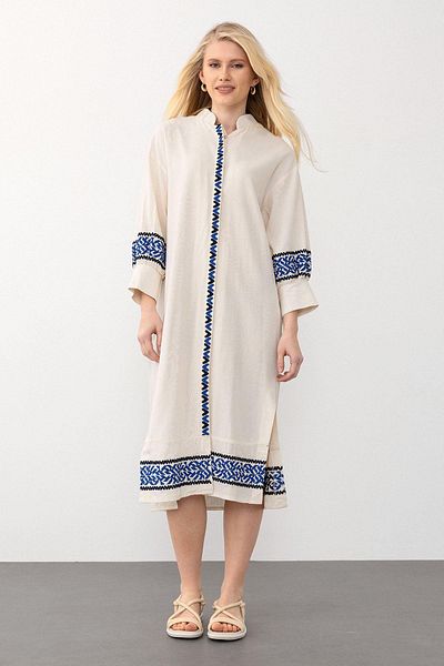 Olcay Rochie din popelin brodat cu fante laterale BEJ-SAKS 9291-E