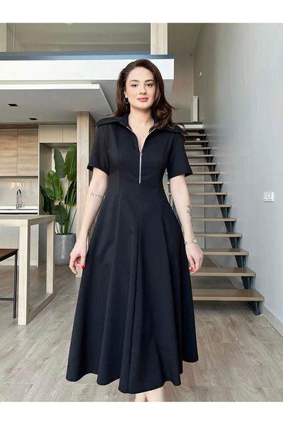 Afiş Butik Black Collar Zippered Midi Dress