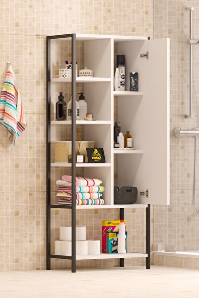 Cosargroup Eva Dekoratif Kapaklı 8 Raflı Banyo Malzeme Dolabı Çok Amaçlı Banyo Havluluk Deterjanlık Beyaz