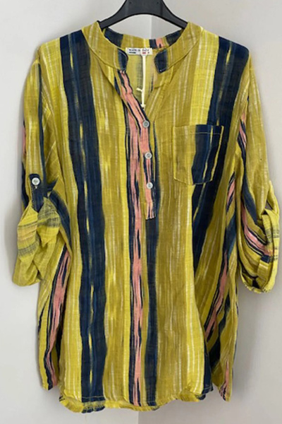 AYASOFYA OTANTIK Жіноча італійська гірчична батикована блуза з лінійним візер...