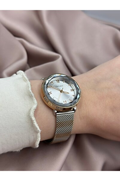 Ferrucci Kristal Kesim Camlı Çift Renk Gümüş ve Rose Gold Tek Taşlı Şık Tasarım Ferrucci Kadın Saati