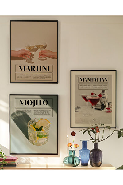 DES VU PRINT 3'lü Kokteyl Posteri, Martini Mojito Manhattan Kokteyl Posteri Ç...