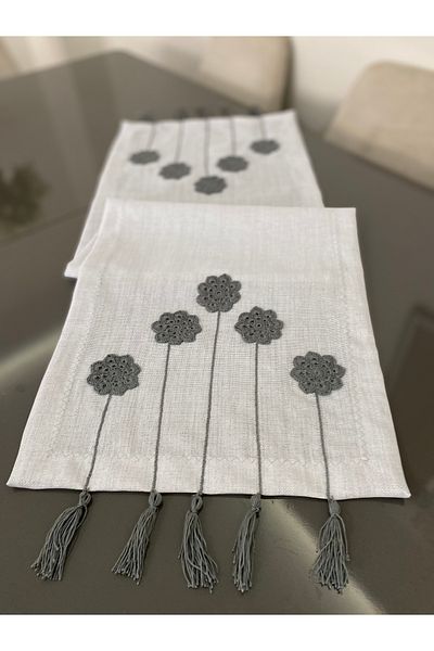 Parla Life Floral Patterned Linen Gray Color Runner