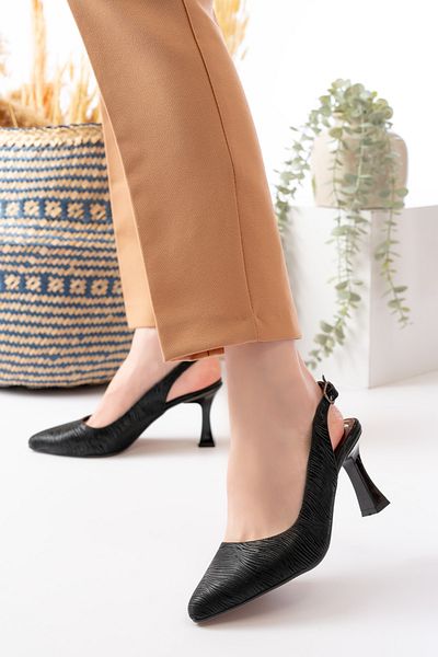 Weynes Sandale cu toc pentru femei cu sclipici negre, cu spatele deschis, cu vârf ascuțit, pantofi Wsb0448