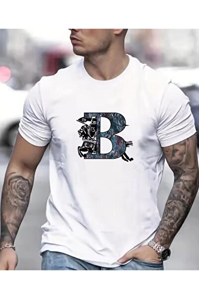 caddekombin Letter B Printed Men's Cotton Combed Crew Neck White T-Shirt