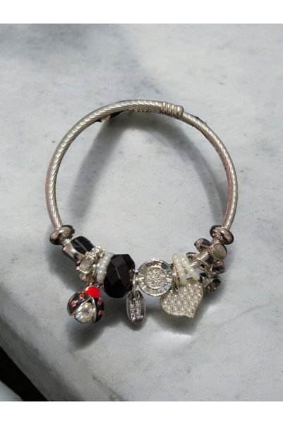 CharmPlay Black Ladybug and Heart Swinging 1St Class 316L Steel Bracelet
