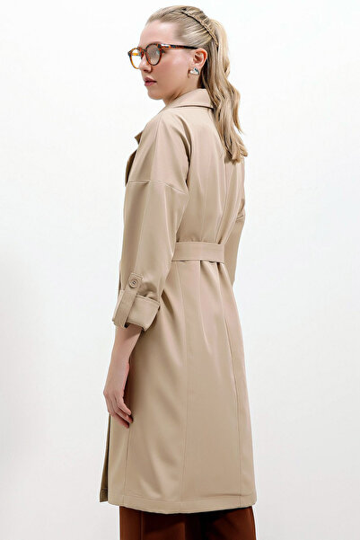 MissKybele Kruvaze Ceket Yaka Düğmeli Uzun Kol Çift Cep Rahat Kalıp Astarlı Diz Altı Midi Boy Kuşaklı Trençkot