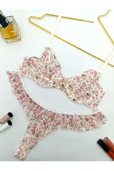 La Linaa Jasmin White Floral Print Thong Panty Bra Set